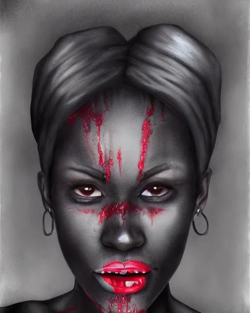 Image similar to beautiful ancient african demonic vampire girl, portrait, hyperrealistic, bloodstained