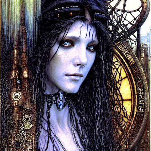 Prompt: a portrait of a female art nouveau cyberpunk shaman by ted nasmith and luis royo