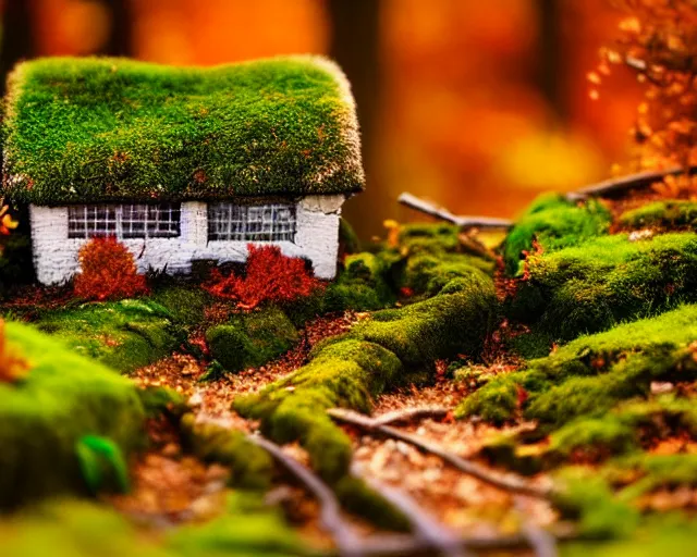 Image similar to dream a miniature village in a forest, tilt - shift, moss, autumn, warm colors, photography, depth of field