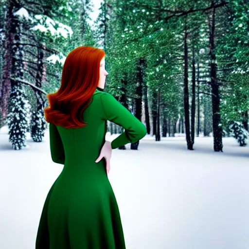 Image similar to redhead women in a green dress, with pockets, photorealistic, winter scenario