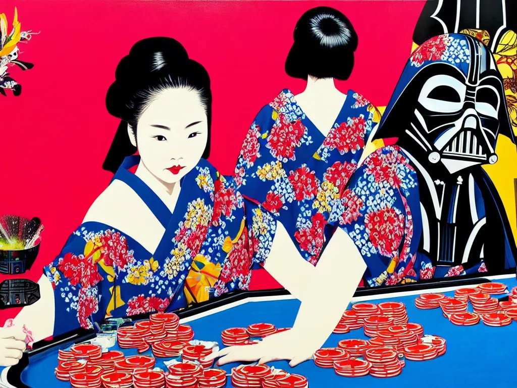 Image similar to hyperrealistic composition of the detailed woman in a japanese kimono sitting at a poker table with detailed darth vader, fireworks, mount fuji on the background, pop - art style, jacky tsai style, andy warhol style, acrylic on canvas