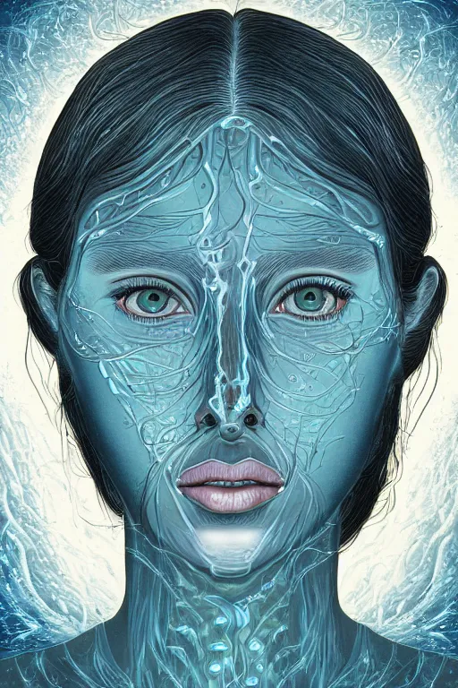 Image similar to dark underwater portrait of one Bioluminescent ancient woman, with reaction diffusion semi-transparent skin. face closeup. long intricate dark hair. good face proportions. with many jellyfishes. very high detail, illustration, by alex grey and Ilya Kuvshinov