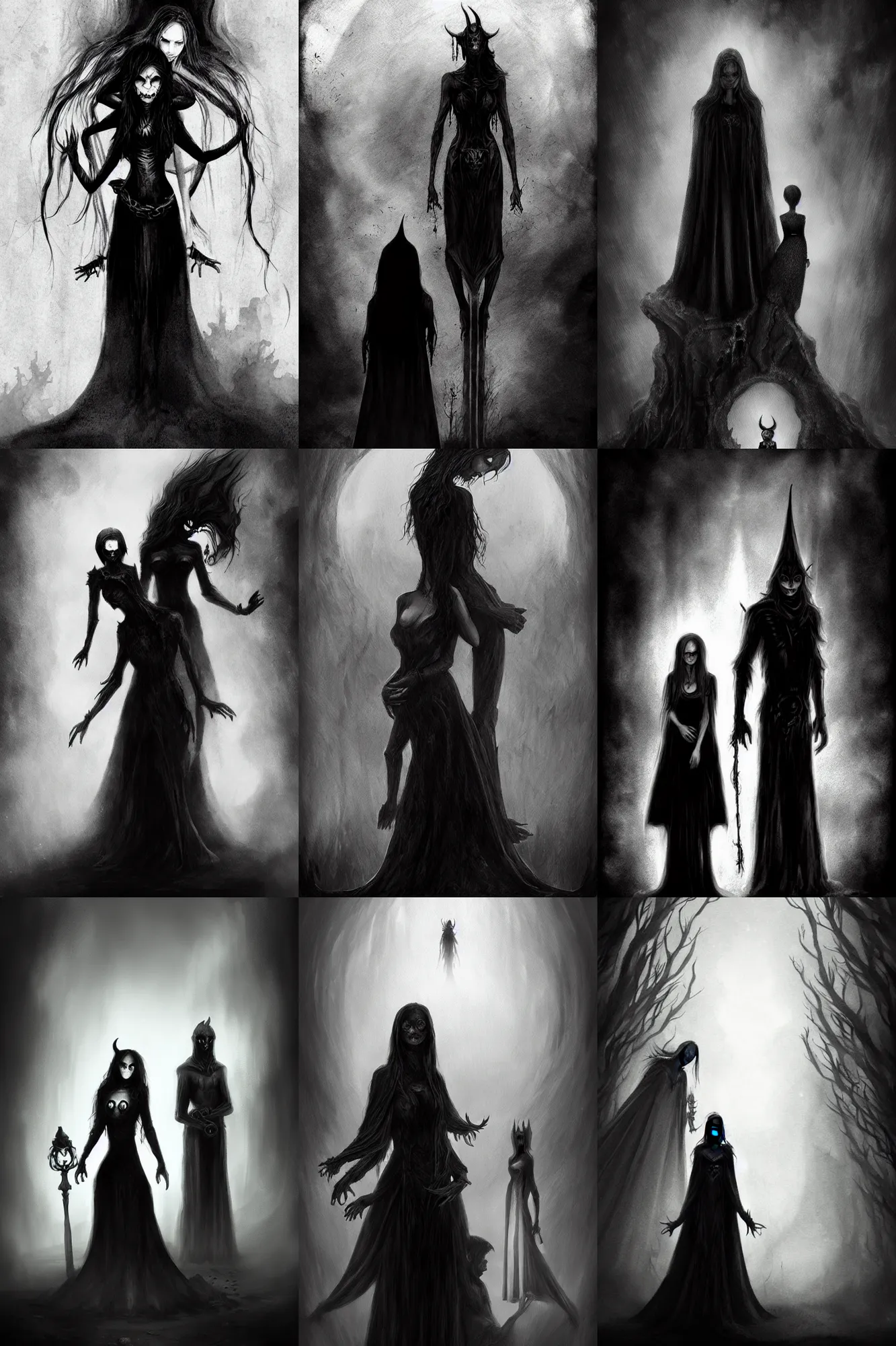 Prompt: a black and white photo of a demon standing behind a woman, concept art by Þórarinn B. Þorláksson and Anato Finnstark, deviantart, gothic art, hellish, wiccan, macabre, demonic photograph