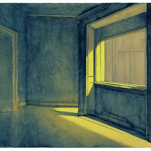 Image similar to close up of a chimera in a blue and gold haunted liminal abandoned room, watercolor by victo ngai, by hammershøi, art noveau, highly detailed, lights by edward hopper, liminal, eerie, bright pastel colors