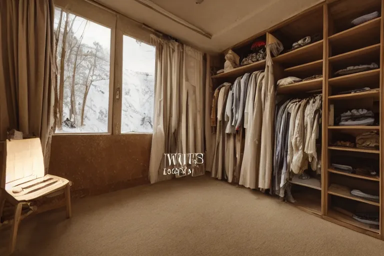 Image similar to wardrobe with winter inside, cinematic, wide angle