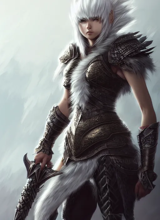 Image similar to warrior, fur - lined heavy armor!!! beautiful and athletic white hair female!! monster hunter!! character concept art, sharp focus, octane render! unreal engine 5! highly rendered!! trending on artstation!! detailed linework!! illustration by artgerm, wlop, and chie yoshii