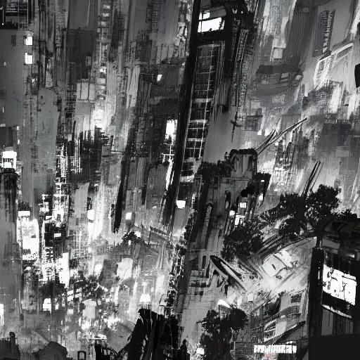 Image similar to concept art of tokyo city taken from drone by yoji shinkawa and ashley wood and j. m. w. turner, speed painting, photo bash, cinematic angle, super detailing, monochrome