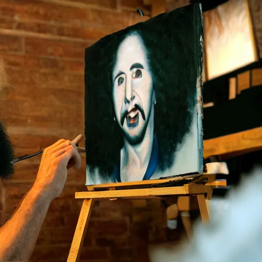 Image similar to a closeup photorealistic photograph of bob ross working on a canvas painting of marilyn manson. happy trees, mountain scape. film still. brightly lit scene. this 4 k hd image is trending on artstation, featured on behance, well - rendered, extra crisp, features intricate detail, epic composition and the style of unreal engine.