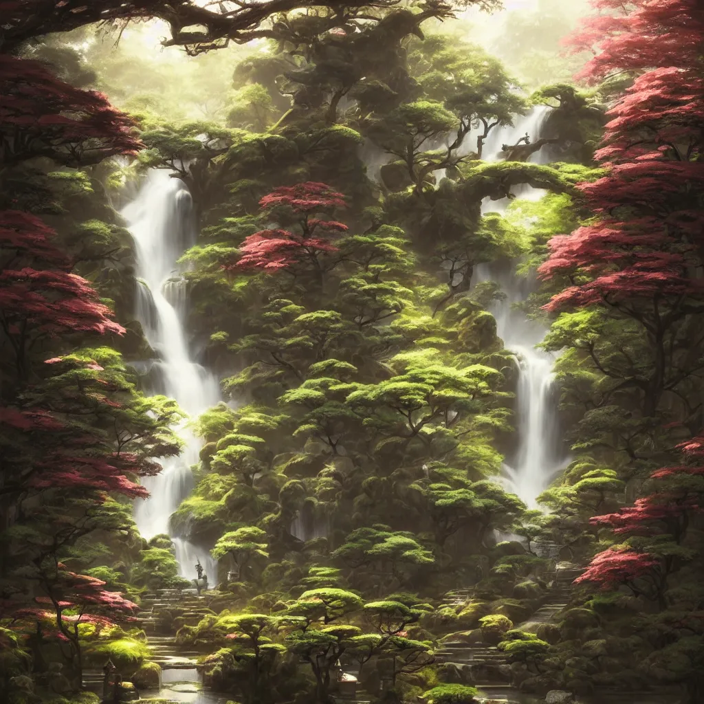 Image similar to A magical Japanese temple garden on a sunny day, dreamy feeling waterfalls, art by Andreas Rocha and greg rutkowski, highly detailed, digital painting, matte painting, concept art, illustration, warm lighting, trending on artstation, very detailed