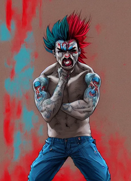 Prompt: a young man of 2 5 years old, with a bruised face and bruises, is standing in a doorway in a boxer's stance, angry mood, by james jean art, manga style, hairstyle red mohawk, cold colors, illustration, 8 k