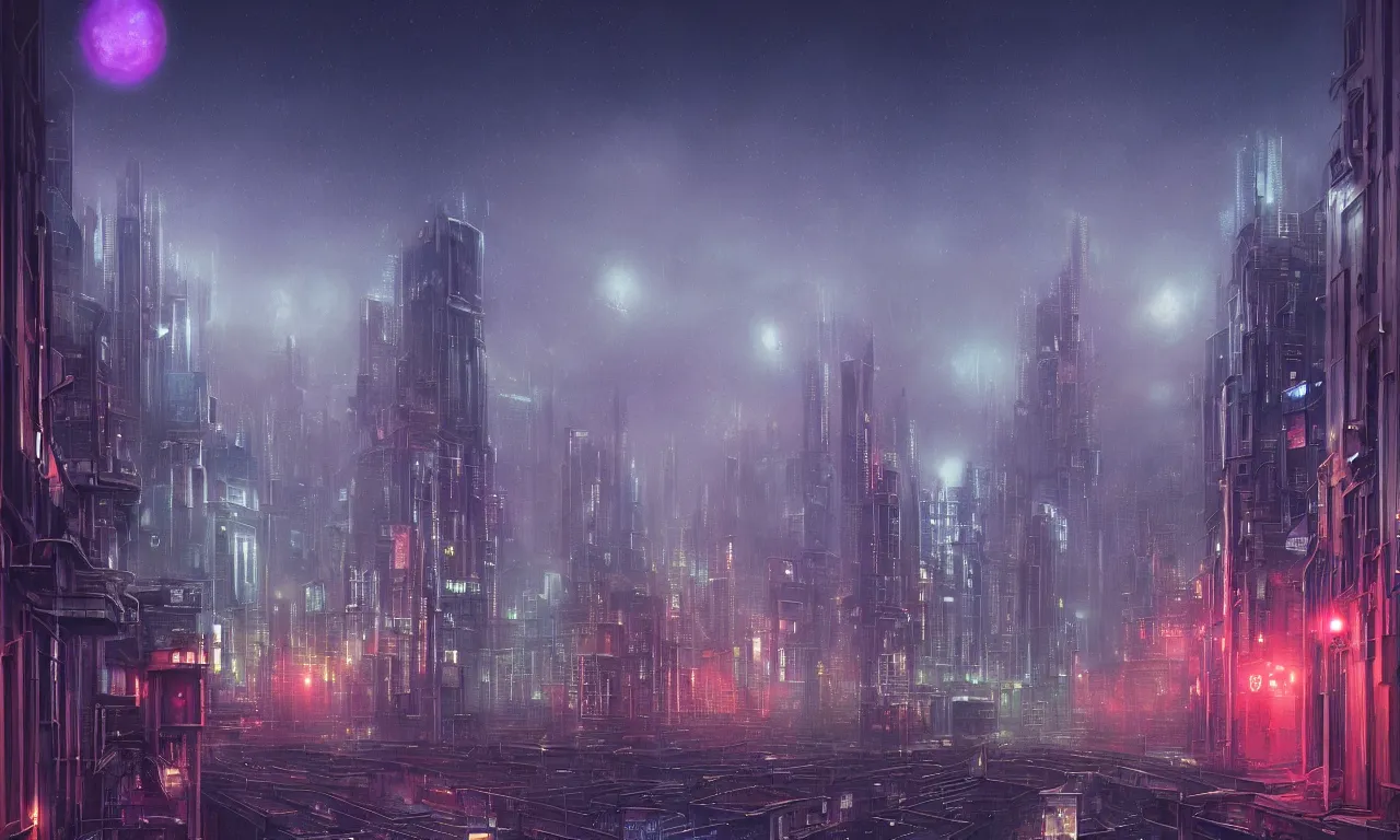 Image similar to colorful photograph of a futuristic city, science fiction, night lights, beautifully lit buildings, mystic hues, distant, sharp focus, volumetric lights, digital art, RTX, hyperrealistic, cinematic, by lee madgwick