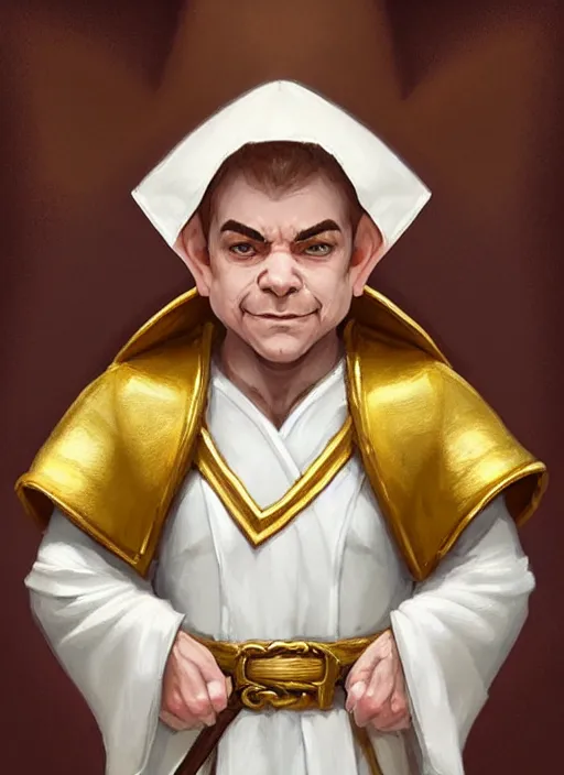 Prompt: symmetry!! oil painting digital art dungeons & dragons facial portrait of a halfling male cleric, white robe with gold accents, lponytail!!!, wry smirk, brown, gold and white cloak, necklace, elegant, highly detailed, digital painting, artstation, concept art, sharp focus, illustration, art by artgerm and greg rutkowski and alphonse mucha