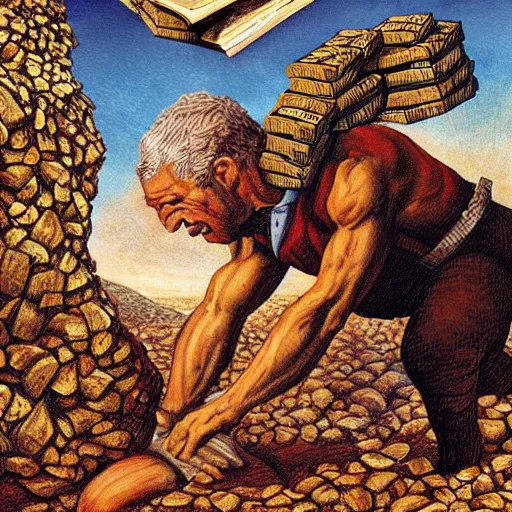 Image similar to Benjamin Netanyahu depicted as Sisyphus, carrying sacks of money up a mountain in hell, by Michael Cheval