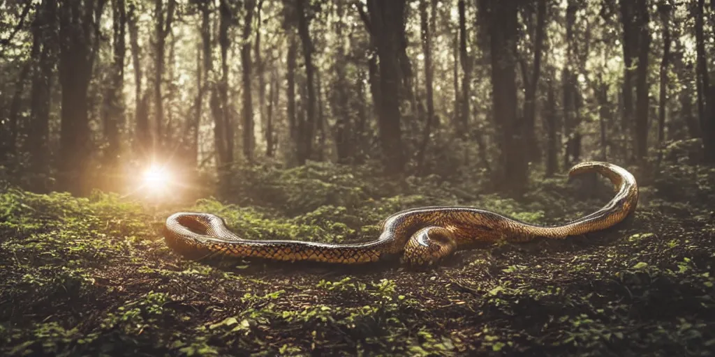 Image similar to a highly detailed giant snake god floating in the middle of a forest, beautiful ambient light, sun rays hitting the slightly translucent creature, his eyes are black and stare deeply into our soul, golden hour, 8k photography