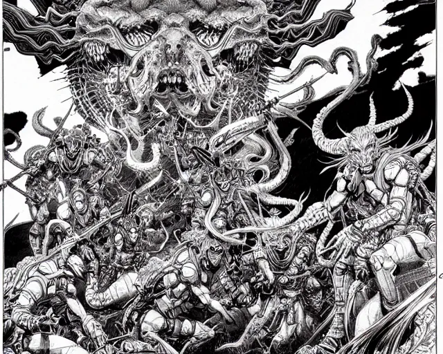 Image similar to hyper detailed illustration of an army of demons, intricate linework, lighting poster by moebius, ayami kojima, 90's anime, retro fantasy