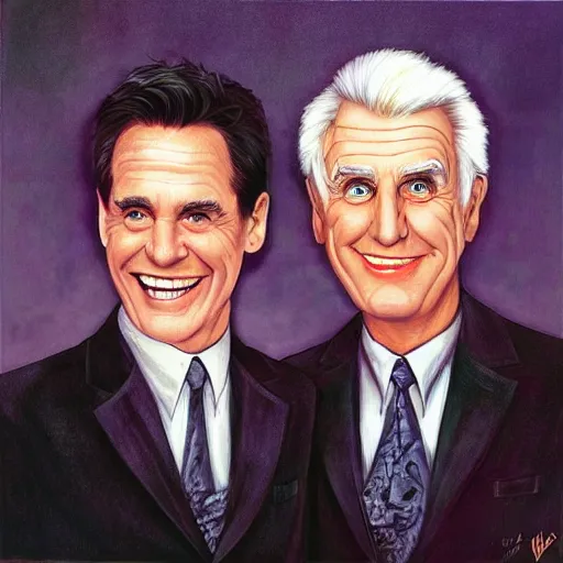 Prompt: Leslie Nielsen and Jim Carrey, artwork by Daniel Merriam,