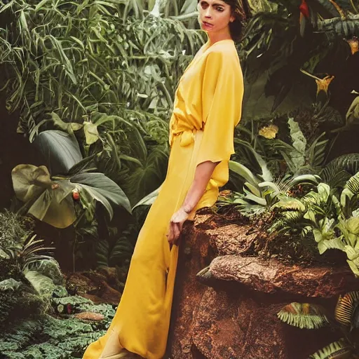 Prompt: head to shoulder portrait Polaroid photograph of an elegant top model wearing a yellow kimono with a very detailed barn owl on her shoulder!!! in a tropical greenhouse. looking at the camera!!. super resolution. 85 mm f1.8 lens.bokeh. art by Alessio albi and ashley wood and Edmund Blair Leighton ! -