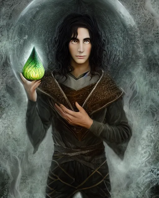 Image similar to portrait of elven teenage boy mage with long black hair holding dragon egg modern fantasy 4 k ultra high resolution
