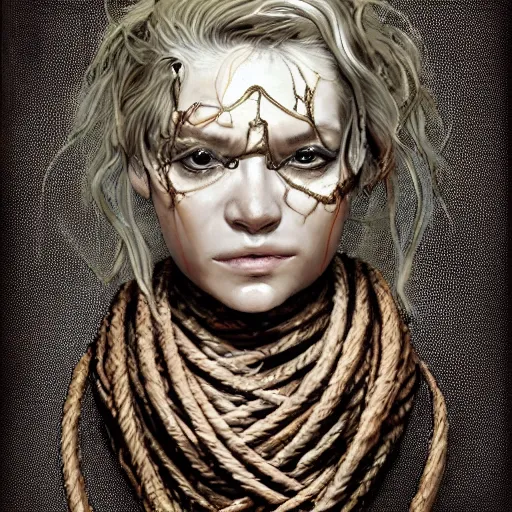 Image similar to portrait of a Shibari rope wrapped face and neck, headshot, insanely nice professional hair style, dramatic hair color, digital painting, of a old 15th century, old cyborg merchant, amber jewels, baroque, ornate clothing, scifi, realistic, hyperdetailed, chiaroscuro, concept art, art by Franz Hals and Jon Foster and Ayami Kojima and Amano and Karol Bak,