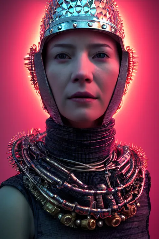 Image similar to 3 / 4 portrait, queen emma, crown, transparent skin, hyperrealism, detailed textures, photorealistic, 3 d cyberpunk apocalyptic city, futuristic clothing and helmet, ultra realistic, cinematic, intricate, cinematic light, unreal engine 8 k, octane render, unreal engine by david kostic and stanley lau and artgerm