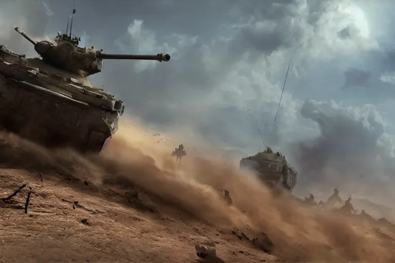 Image similar to a tank fights a monster twice its size, Highly detailed, Cinematic. Balanced. 4k, Realistic, detailed.