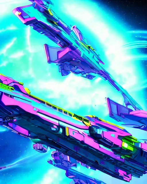 Image similar to Detailed epic render of scifi space battleship with vivid neon colors and atmosphere