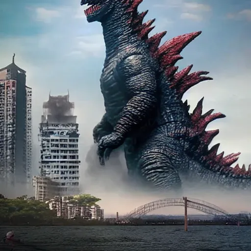 Image similar to godzilla in mumbai, film still, hyper realistic