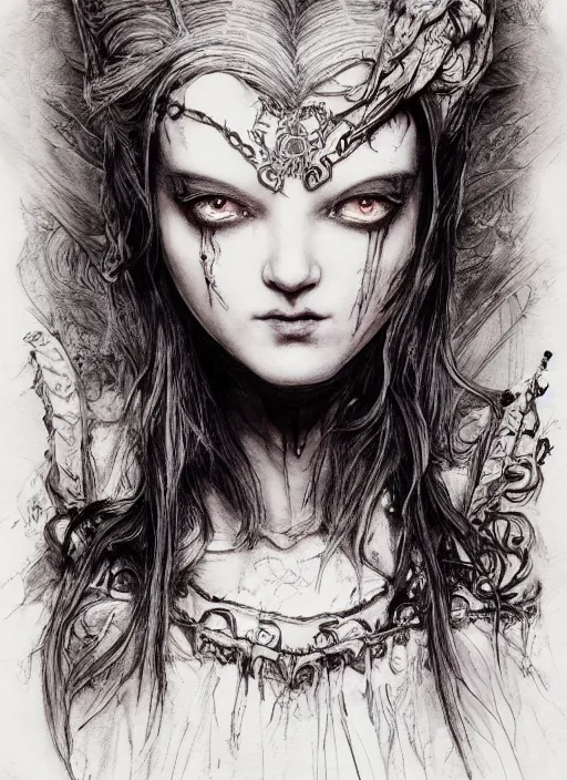 Prompt: portrait, Gothic Alice in Wonderland, watercolor, dramatic lighting, cinematic, establishing shot, extremely high detail, foto realistic, cinematic lighting, pen and ink, intricate line drawings, by Yoshitaka Amano, Ruan Jia, Kentaro Miura, Artgerm, post processed, concept art, artstation, matte painting, style by eddie mendoza, raphael lacoste, alex ross