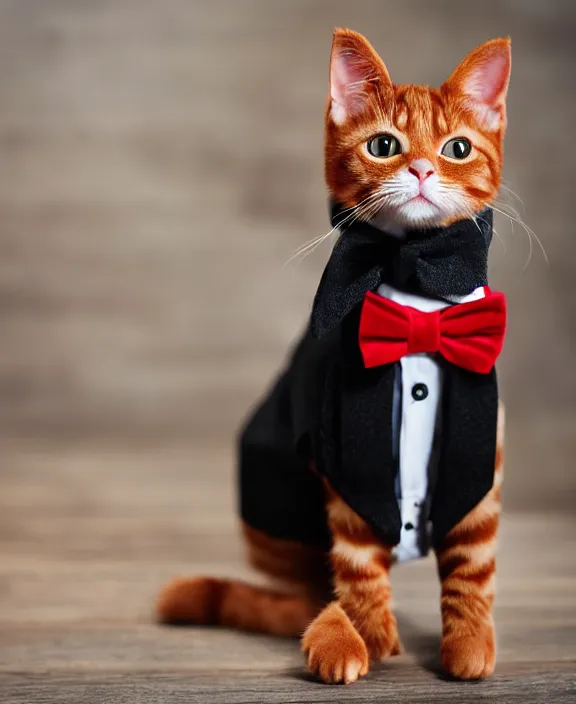 Image similar to award winning photography of a cute ginger cat wearing a smart black suit and a red bowtie