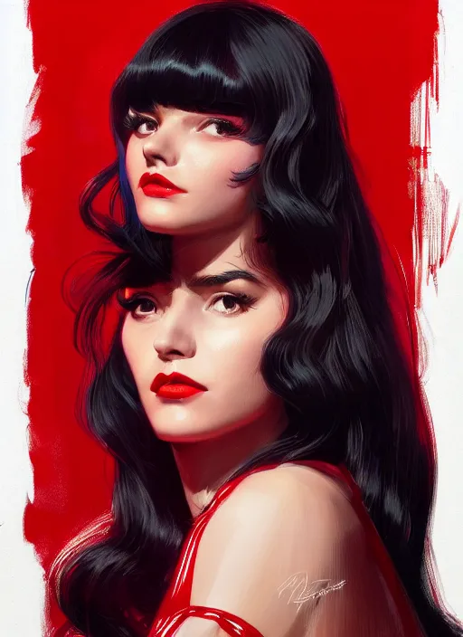 Image similar to portrait of veronica lodge with bangs, 1 9 6 0 s, long hair, red clothes, bangs, intricate, elegant, glowing lights, highly detailed, digital painting, artstation, concept art, smooth, sharp focus, illustration, art by wlop, mars ravelo and greg rutkowski