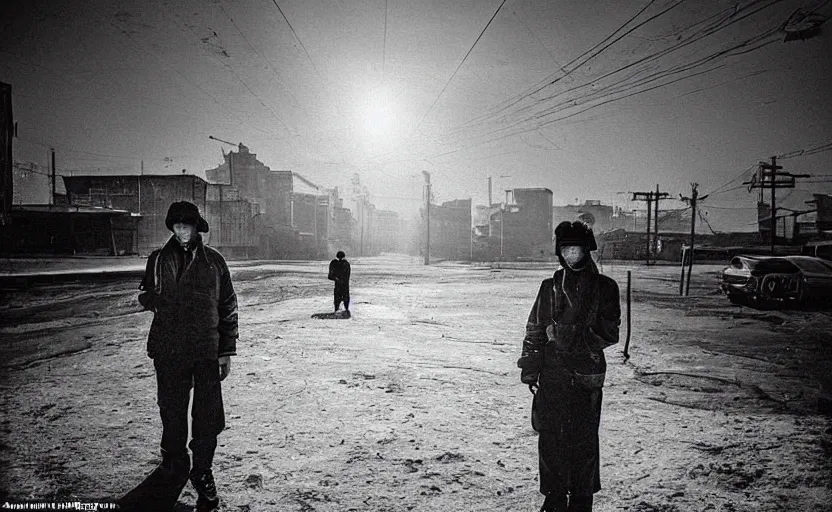 Image similar to In a futuristic space city of Neo Norilsk on the Moon, a Mysterious man is standing in the middle of a close up street photo by Trent Parke, the sun is blinding, a Russian city on the Moon
