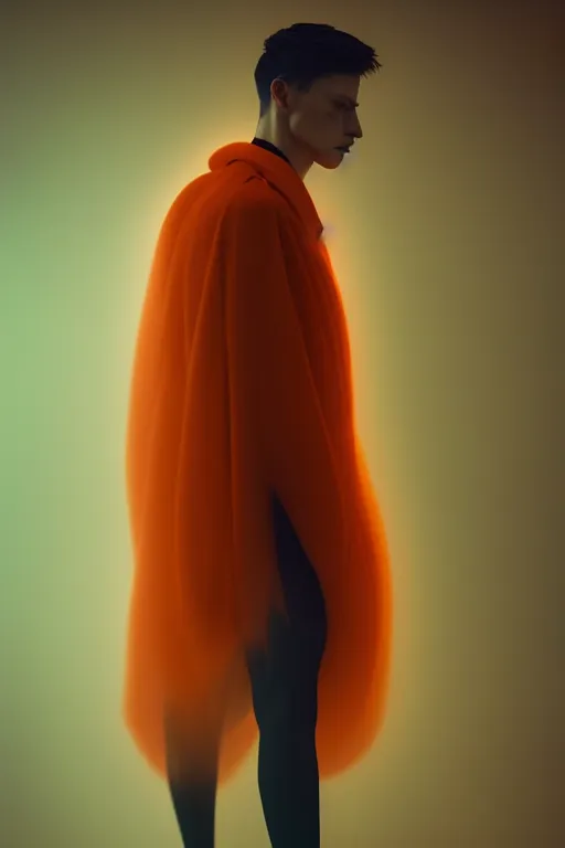 Image similar to a hypermasculine model wearing male haute couture from givenchy, macro photography, long exposure photograph, surrealism, anamorphic bokeh, cozy, soft light, orange and teal, caustic, atmospheric fog, octane render, cinematic