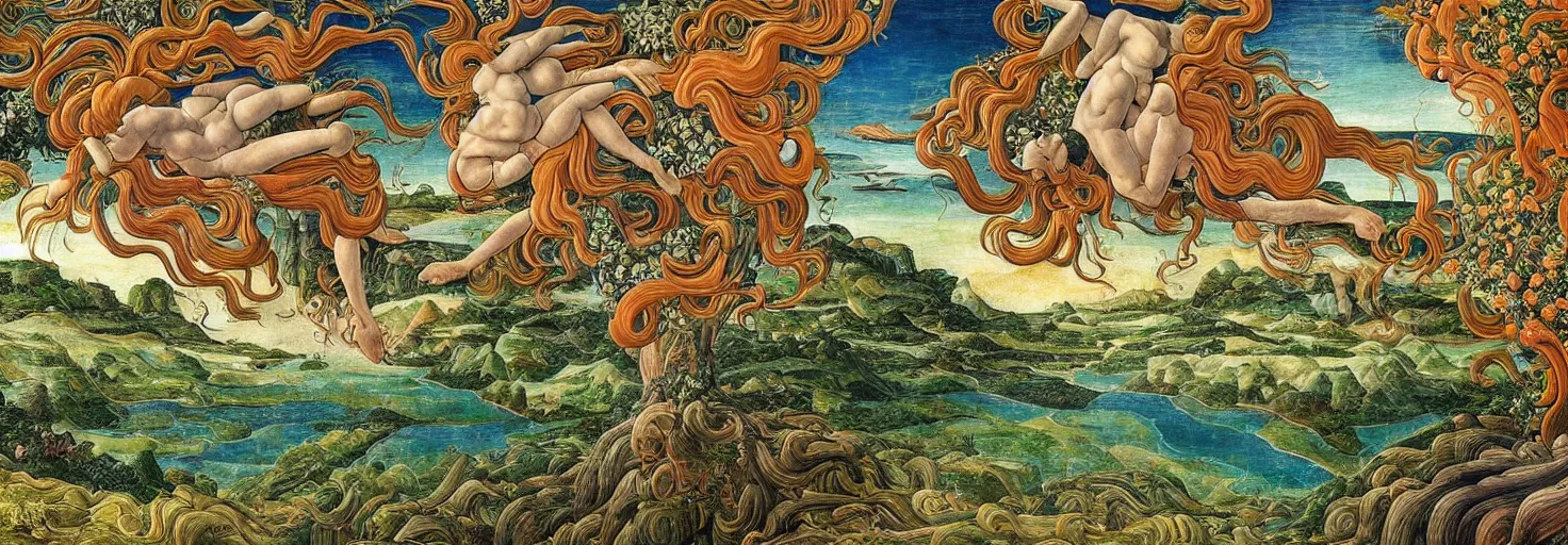 Image similar to beautiful landscape mural of an alien planet, lush landscape, vivid colors, intricate, highly detailed, masterful, fantasy world, in the style of sandro botticelli, moebius