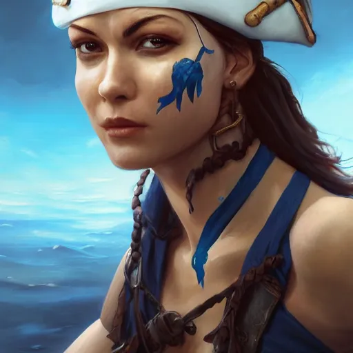 Image similar to Female pirate captain with blue skin, 4k oil on linen by wlop, artgerm, andrei riabovitchev, nuri iyem, james gurney, james jean, greg rutkowski, highly detailed, soft lighting 8k resolution