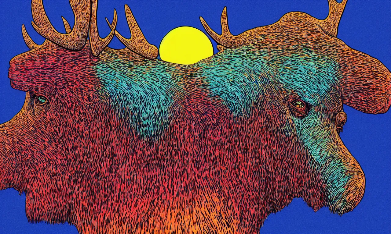 Prompt: a vibrant ultraclear waist up sideview portrait of a moose wearing sunglasses by laurie greasley and kilian eng and josan gonzalez and rene magritte, ( ( etching by gustave dore ) ), colorful flat surreal, ethereal, intricate, sharp focus, illustration, highly detailed, digital painting, concept art, masterpiece