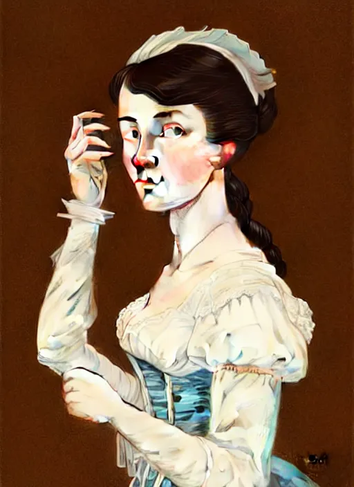 Image similar to a portrait of a young woman with a crooked nose in victorian clothing, confident pose, intricate, elegant, sharp focus, illustration, highly detailed, concept art, matte, trending on artstation, anime, art by james jean and artgerm and brian despain and alberto mielgo, greg rutkowski, wlop, ilya kuvshinov, strong strokes