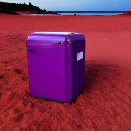 Prompt: purple refrigerator on red sand beach, green ocean and nebula sunset