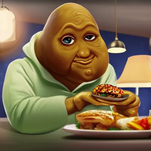 Prompt: fat e. t in a diner with a table full of plates with leftovers, photorealistic