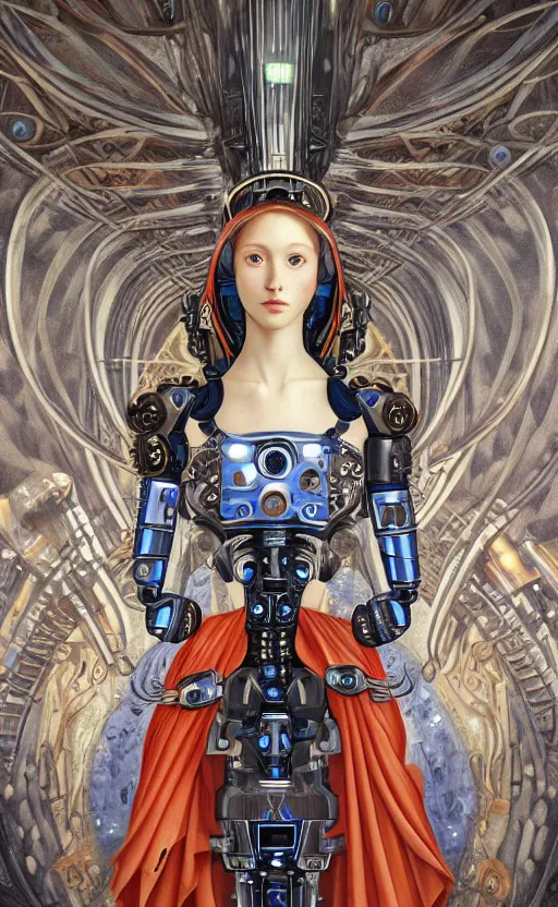 Image similar to beautiful mural of a young cyborg queen, piercing glowing robot eyes, elegant, striking composition, highly detailed ornate sci fi background, mural in the style of sandro botticelli, caravaggio, albrecth durer, 8k