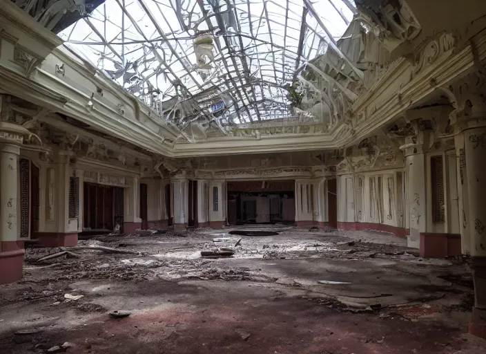 Prompt: the inside of the building Disney world park, shut down, abandoned, Florida, out of business, castle is falling apart, got shut down, kids place, liminal spaces, backrooms, empty, overgrown, Disney world, Disney land, theme park, roller coasters, Disney