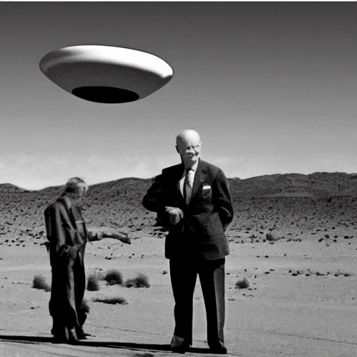 Prompt: president eisenhower going to ufo in the desert, concept art