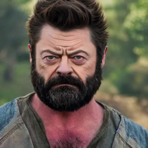 Prompt: logan wolverine as nick offerman, with claws, photorealistic mervel movie still, detailed, 8 k