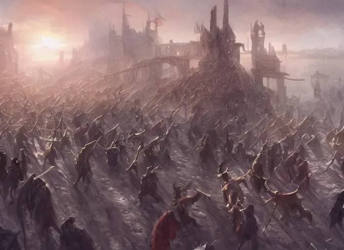 Prompt: ' the watchers moved forward together, as if some signal had been given. swords rose and fell, all in a deathly silence. it was cold butchery. the pale blades sliced through ringmail as if it were silk.'cinematic fantasy painting, dynamic, game of thrones, jessica rossier and brian froud and marc simonetti