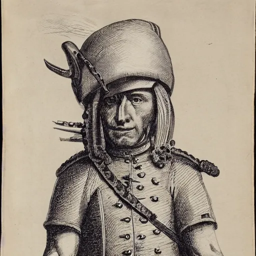 Prompt: A colonial soldier with an octopus head, engraving, ink, black and white, 17th century