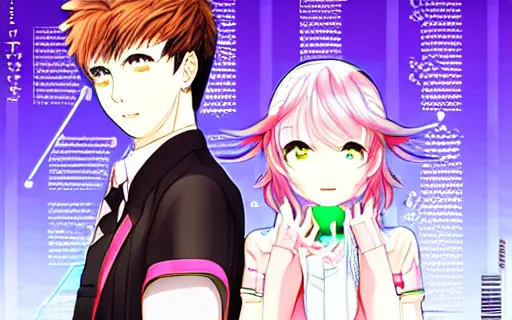 Image similar to adam with miku in rave part. kadokawa light novel, cover ; pattern ; symmetry