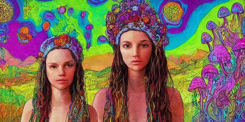 Image similar to portrait of cute hippy girl with mushrooms growing out her head. background psychedelic landscape. highly detailed photorealistic