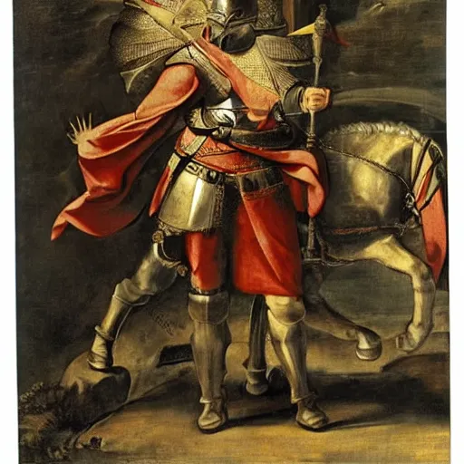 Image similar to donald trump, wearing knight ’ s armor, holding a spectacular broadsword, by annibale carracci, full body