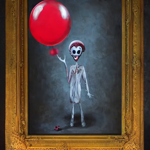 Prompt: grunge painting of creepy pasta with a wide smile and a red balloon by chris leib, loony toons style, pennywise style, corpse bride style, horror theme, detailed, elegant, intricate, conceptual, volumetric light