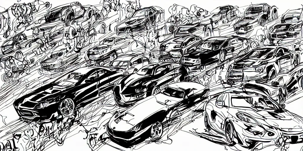 Image similar to ink lineart drawing of a car race, chinese brush pen illustration, cartoon style, anime, deep black tones, coloring book, contour