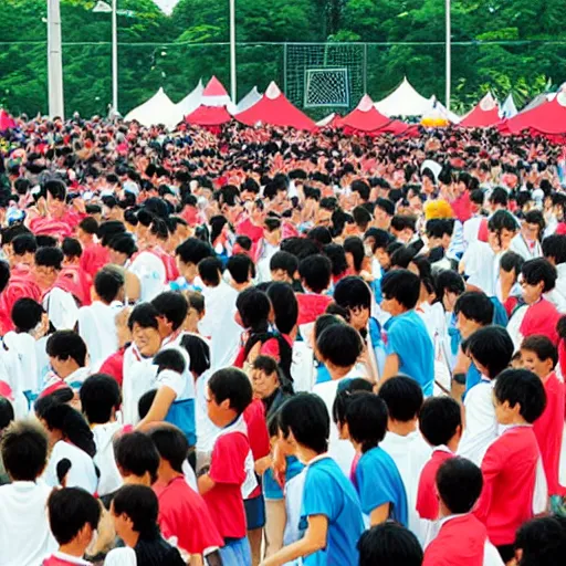 Image similar to sports festival, very crowded, sports tournament, school, studio ghibli